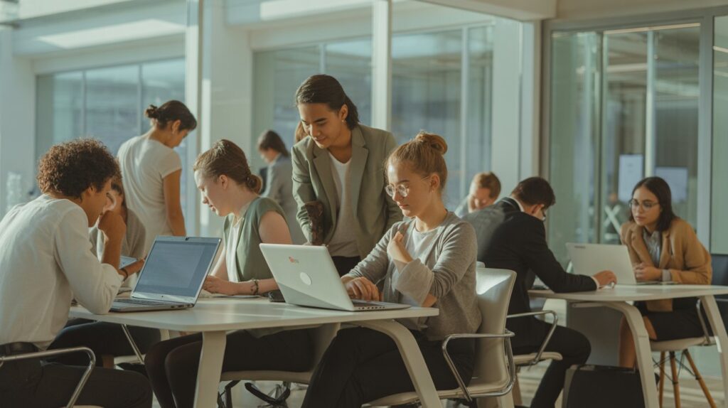 Aktivitas peserta saat magang di perusahaan multinasional dengan laptop di ruang kerja modern